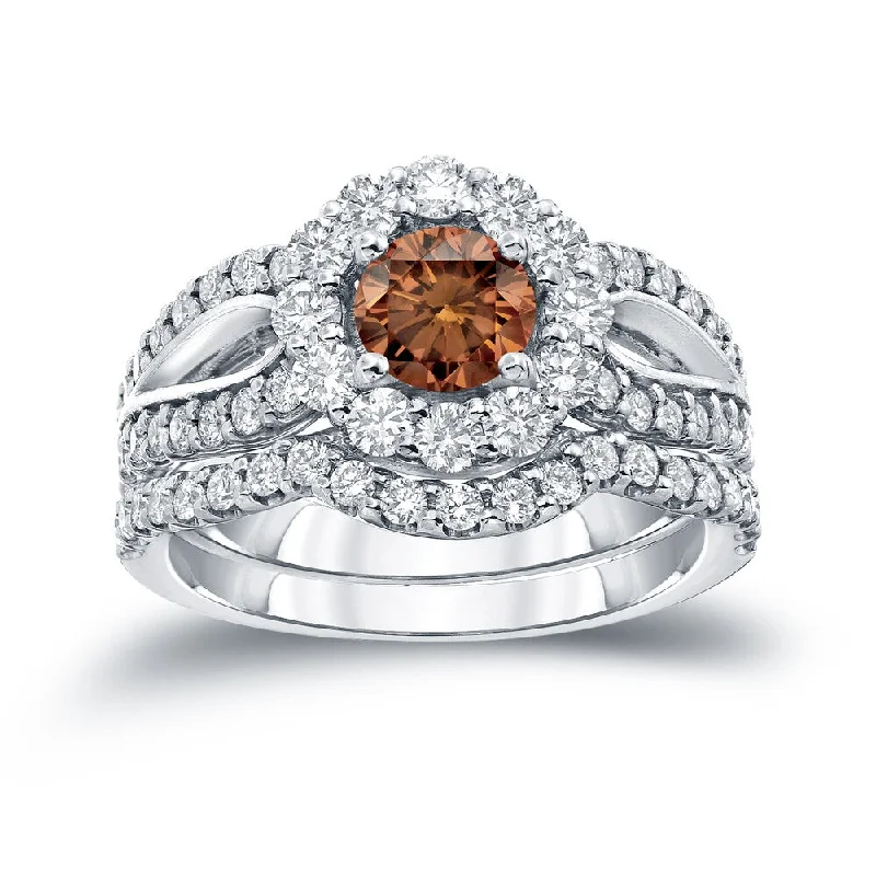 Auriya 2 1/3ctw Halo Brown Diamond Engagement Ring Set 14k Gold