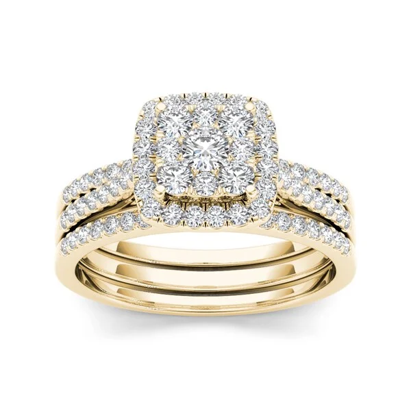 De Couer IGI Certified 10k Yellow Gold 1ct TDW Diamond Cluster Engagement Ring Set with Two Bands