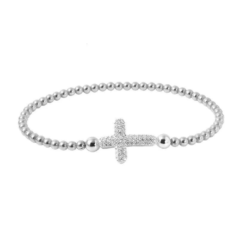 Clearance-Silver 925 Rhodium Plated Beaded Italian Bracelet with CZ Encrusted Cross - ITB00196RH