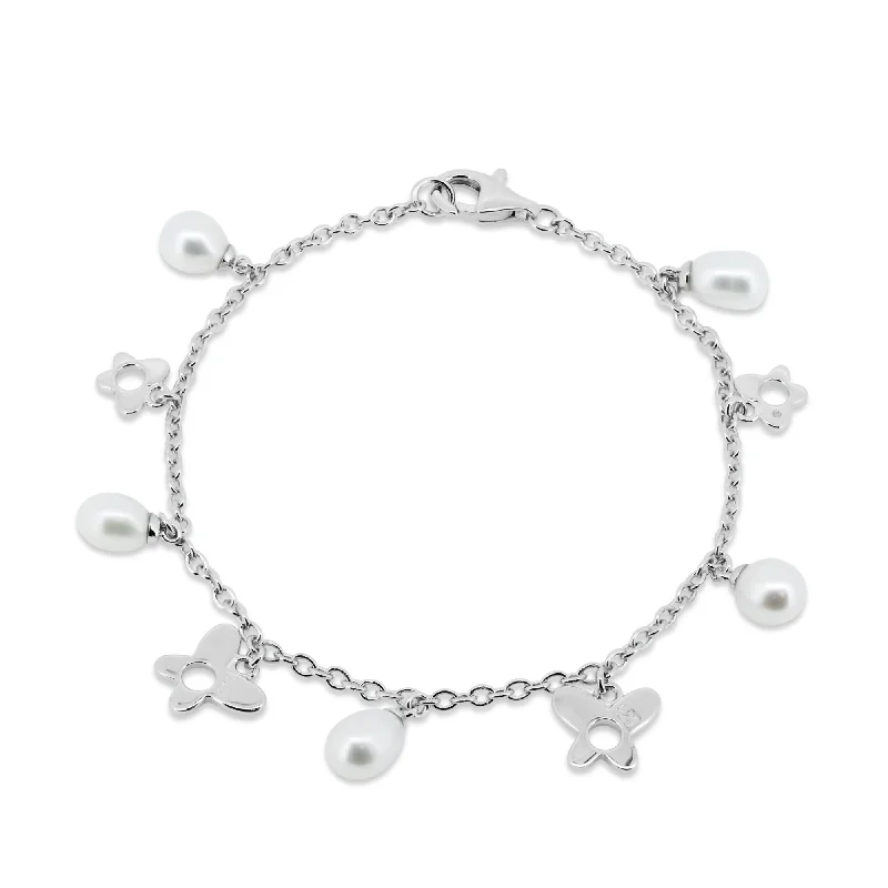 Silver 925 Rhodium Plated Dangling Open Butterfly with Fresh Water Pearl Bracelet - BGB00081