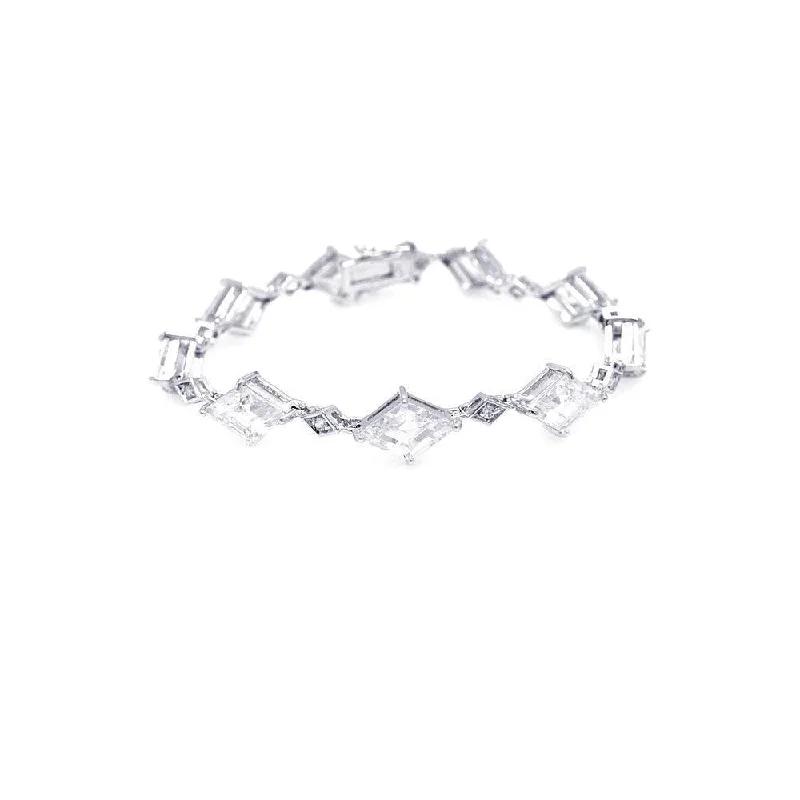 Clearance-Silver 925 Rhodium Plated Diamond Shape Clear CZ Link Bracelet - STB00006