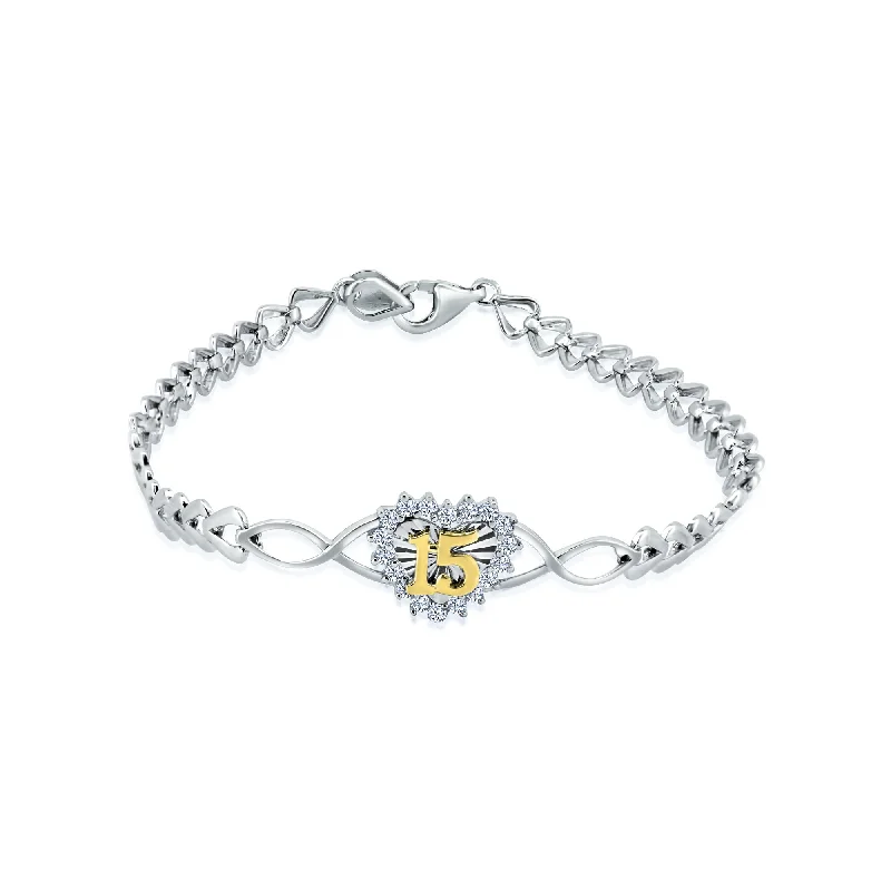 Rhodium Plated 925 Sterling Silver Diamond Cut Quincinera Heart Clear CZ Bracelet - GMB00114RG