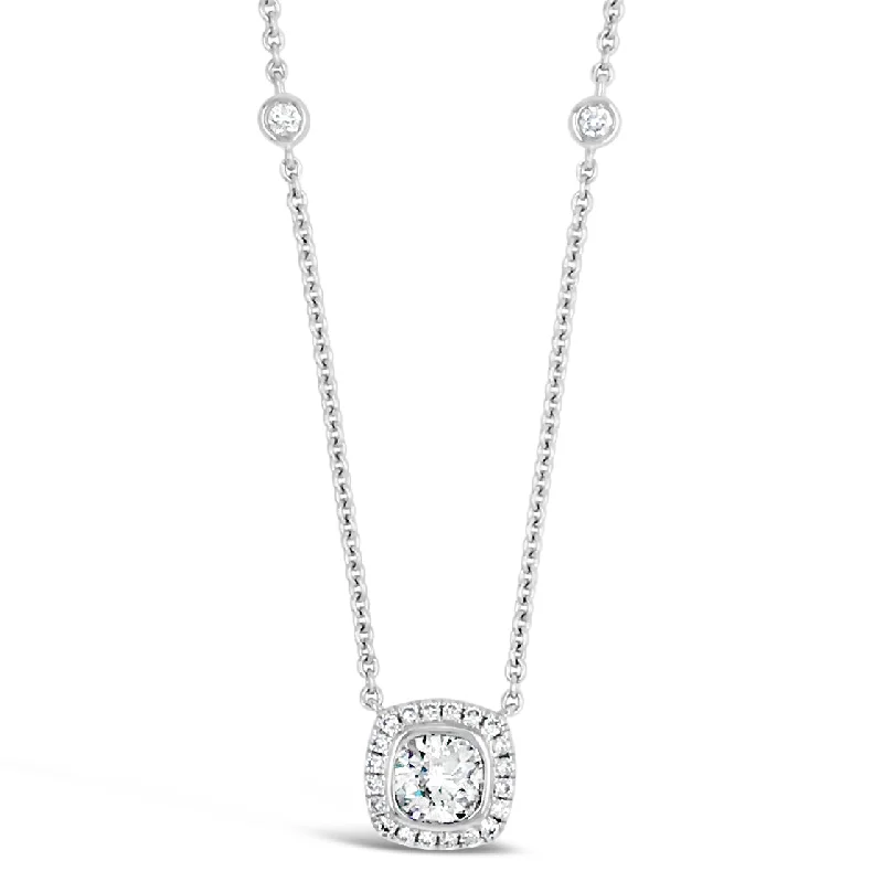 Cushion Diamond Pendant Necklace with Bezel-Set Diamond Chain