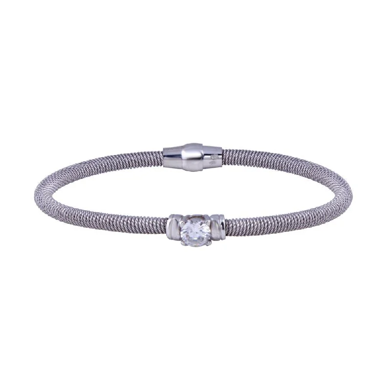 Clearance-Rhodium Plated 925 Sterling Silver Round CZ Magnetic Lock Bracelet - ECB00082RH